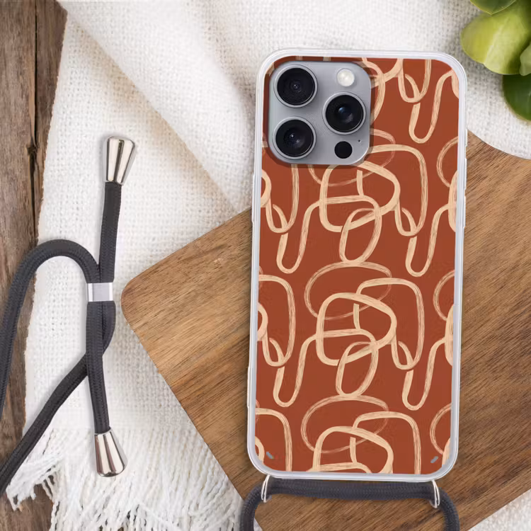 Telefoonhoesje met koord - Lijnen - Abstract - Organisch - Terracotta - Crème — 3