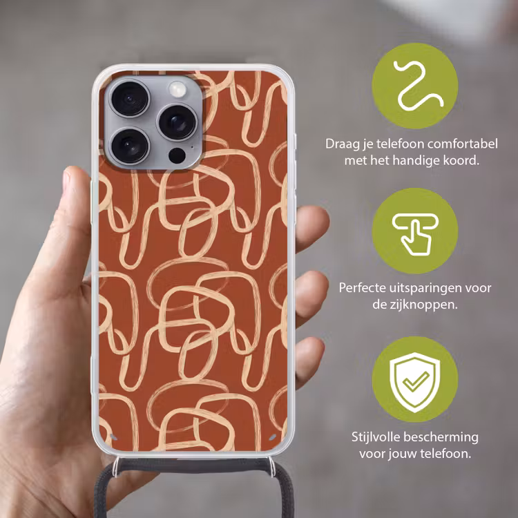 Telefoonhoesje met koord - Lijnen - Abstract - Organisch - Terracotta - Crème — 4