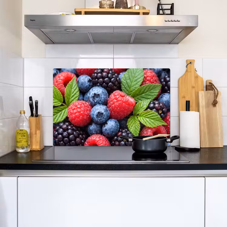 Inductie beschermer en spatscherm (2in1) - Bessen - Vers - Waterdruppels - Kleurrijk - Eten — 2