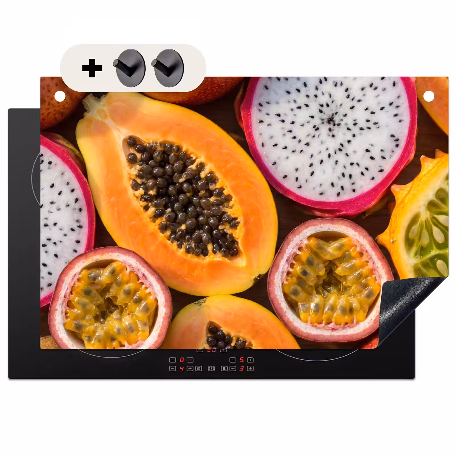 Inductie beschermer en spatscherm (2in1) - Fruit - Geopend - Tropisch - Eten - Kleurrijk — 1