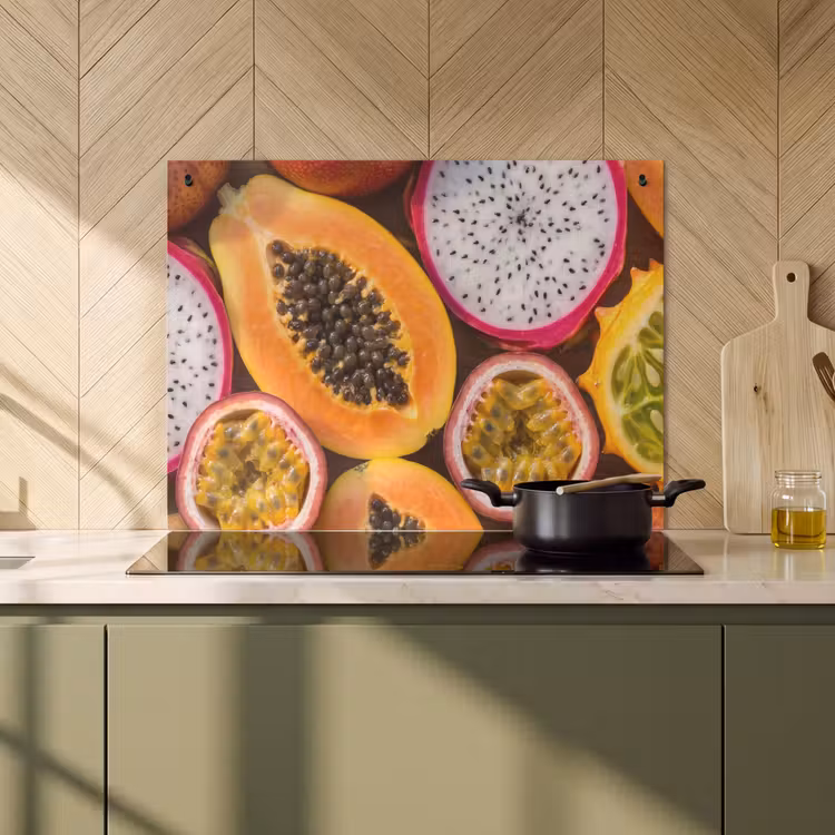 Inductie beschermer en spatscherm (2in1) - Fruit - Geopend - Tropisch - Eten - Kleurrijk — 2