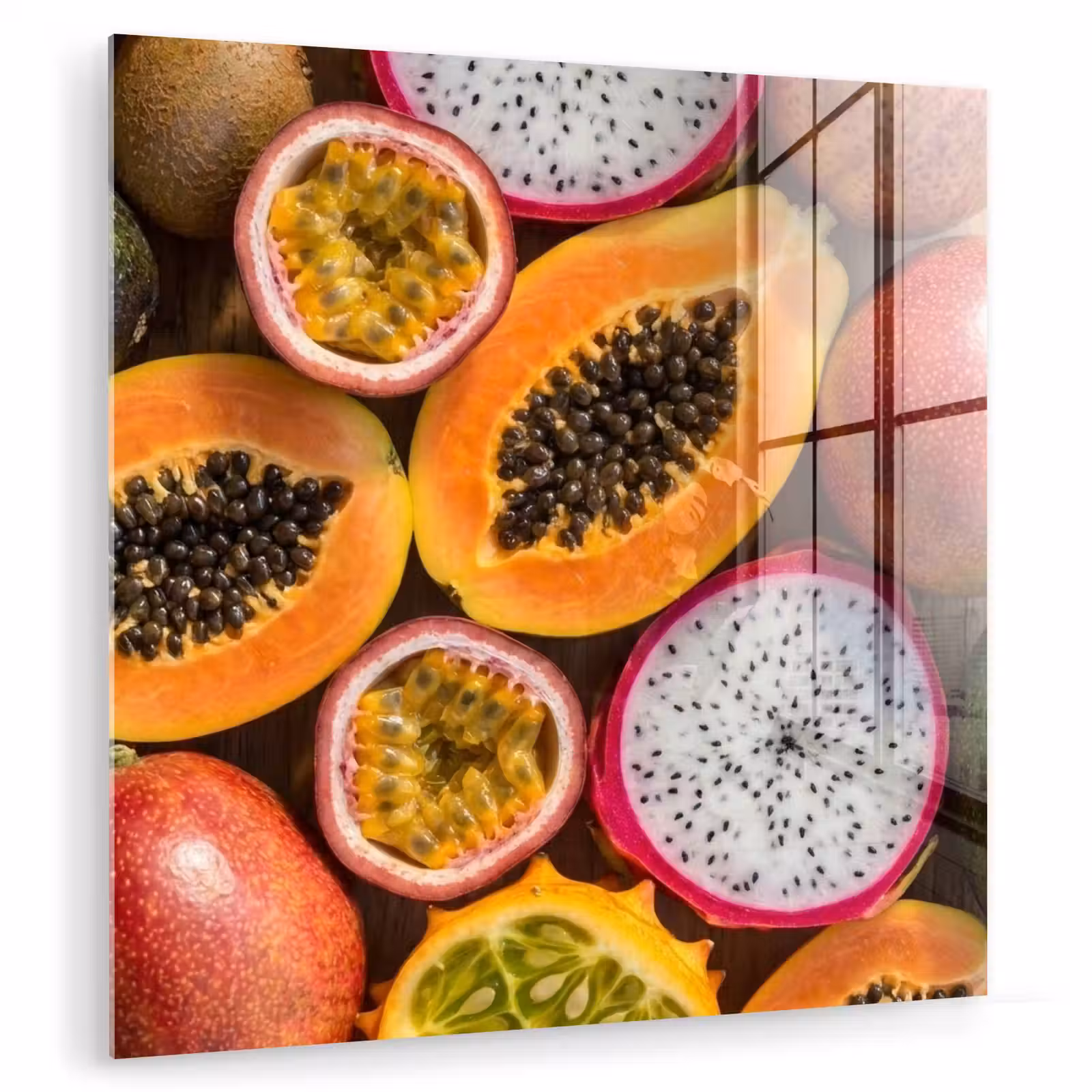 Glas schilderij - Fruit - Geopend - Tropisch - Eten - Kleurrijk — 1