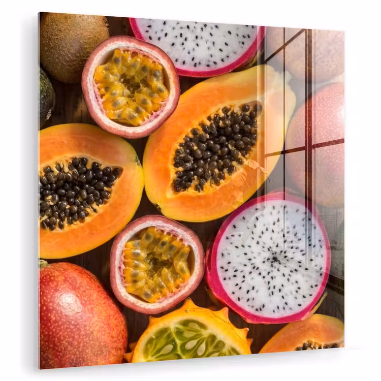 Glas schilderij - Fruit - Geopend - Tropisch - Eten - Kleurrijk — 1