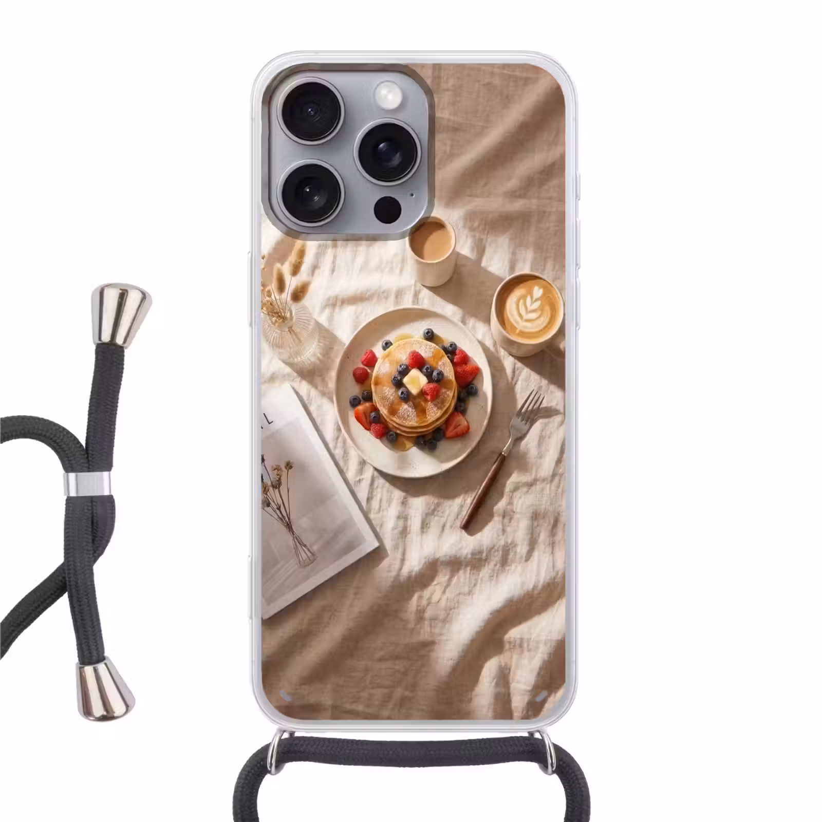 Telefoonhoesje met koord - Pannenkoeken - Bessen - Ontbijt - Modern - Beige — 1