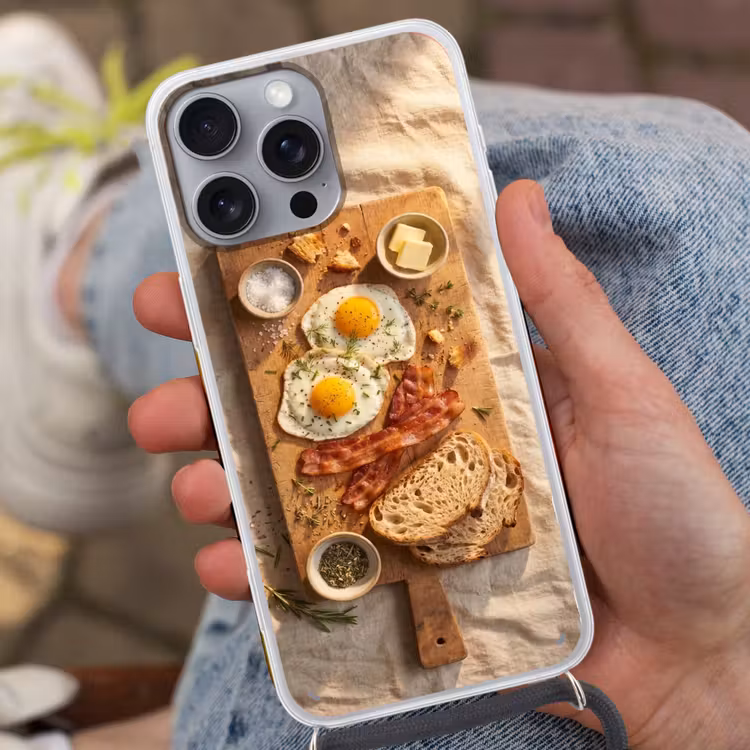 Telefoonhoesje met koord - Eten - Ontbijt - Hout - Rustiek - Geel — 2