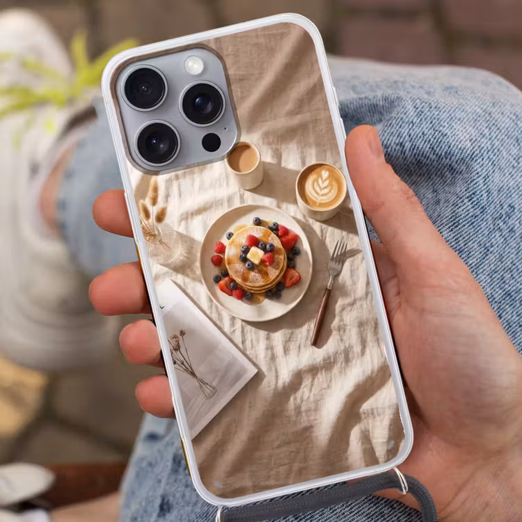Telefoonhoesje met koord - Pannenkoeken - Bessen - Ontbijt - Modern - Beige — 2