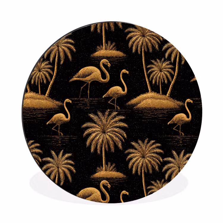 Wandcirkel - Aluminium - Flamingo - Palmbomen - Tropisch - Goud - Zwart — 1
