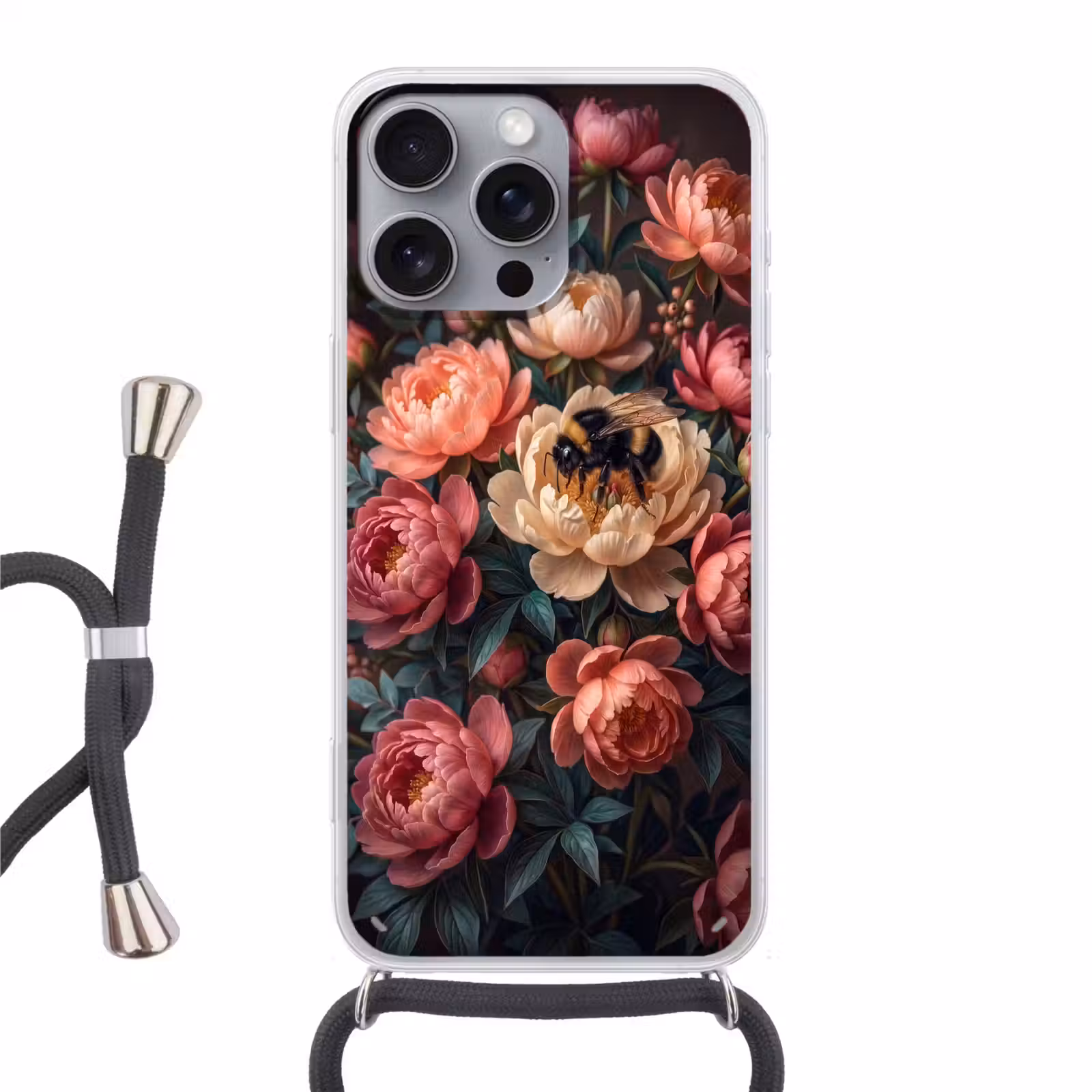 Telefoonhoesje met koord - Bloemen - Insect - Natuur - Roze — 1