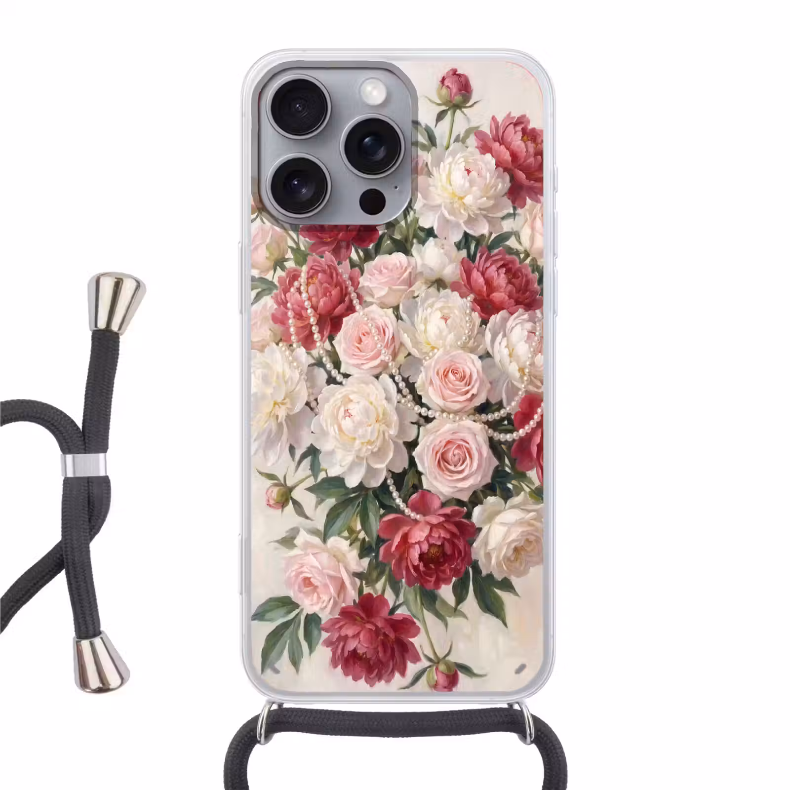 Telefoonhoesje met koord - Bloemen - Parels - Romantiek - Klassiek - Roze — 1