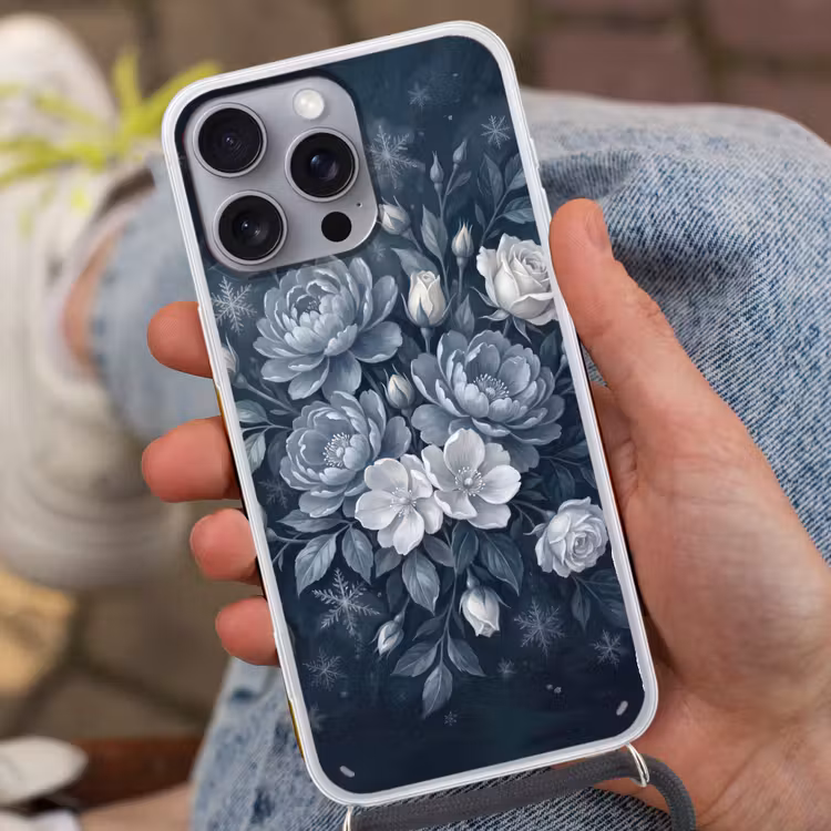 Telefoonhoesje met koord - Bloemen - Boeket - Winter - Abstract - Blauw — 2