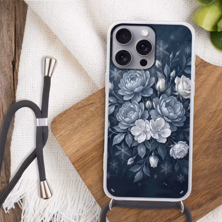 Telefoonhoesje met koord - Bloemen - Boeket - Winter - Abstract - Blauw — 3