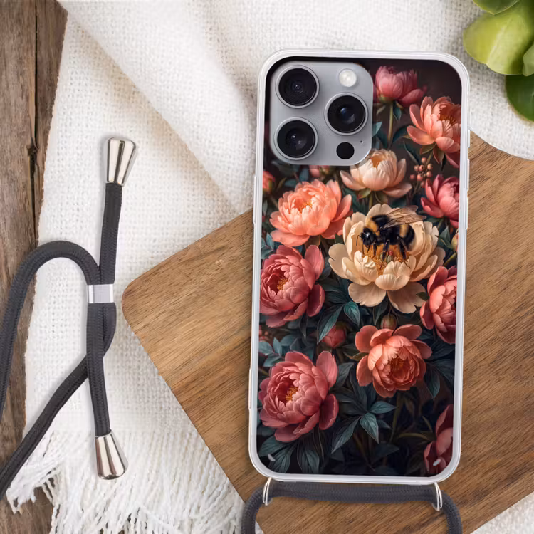 Telefoonhoesje met koord - Bloemen - Insect - Natuur - Roze — 3