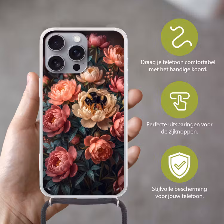 Telefoonhoesje met koord - Bloemen - Insect - Natuur - Roze — 4