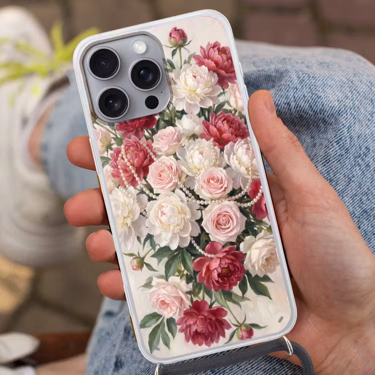 Telefoonhoesje met koord - Bloemen - Parels - Romantiek - Klassiek - Roze — 2
