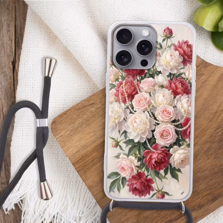 Telefoonhoesje met koord - Bloemen - Parels - Romantiek - Klassiek - Roze — 3