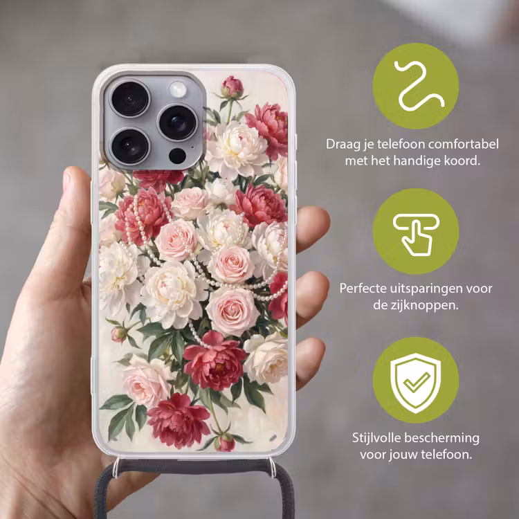 Telefoonhoesje met koord - Bloemen - Parels - Romantiek - Klassiek - Roze — 4
