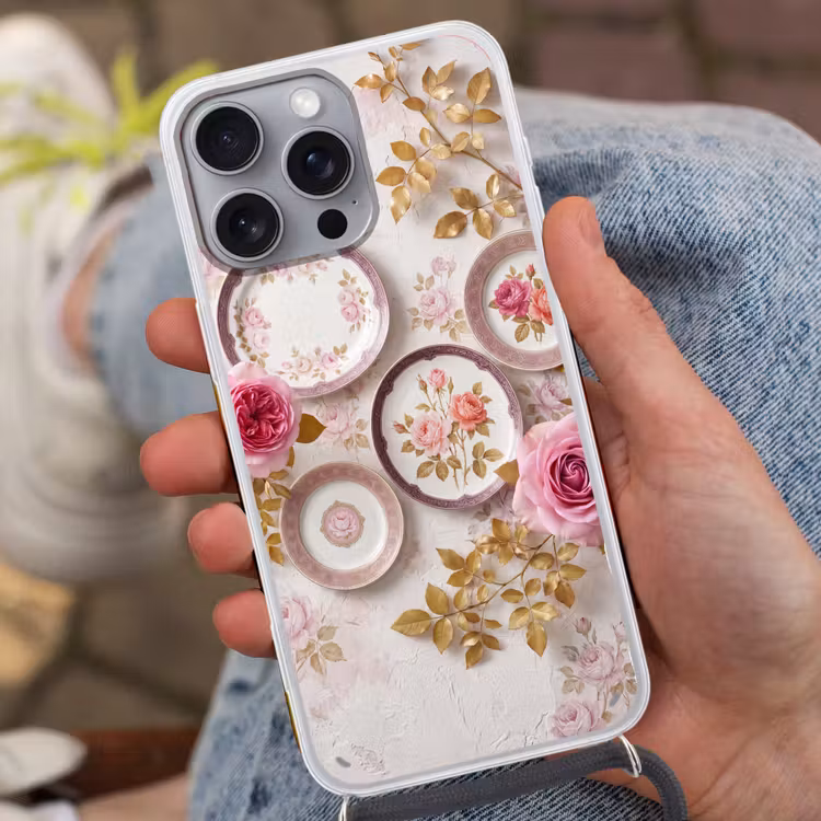 Telefoonhoesje met koord - Bloemen - Patroon - Vintage - Roze - Decoratie — 2