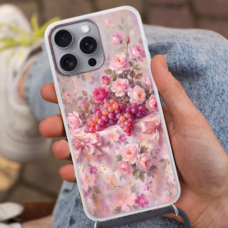 Telefoonhoesje met koord - Eten - Bloemen - Stilleven - Roze - Goud — 2