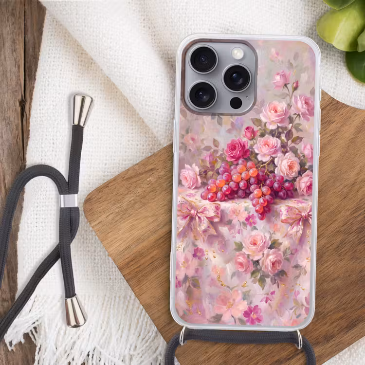 Telefoonhoesje met koord - Eten - Bloemen - Stilleven - Roze - Goud — 3