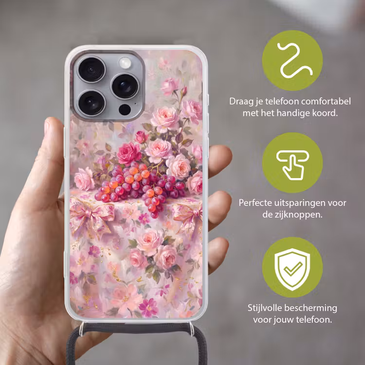 Telefoonhoesje met koord - Eten - Bloemen - Stilleven - Roze - Goud — 4