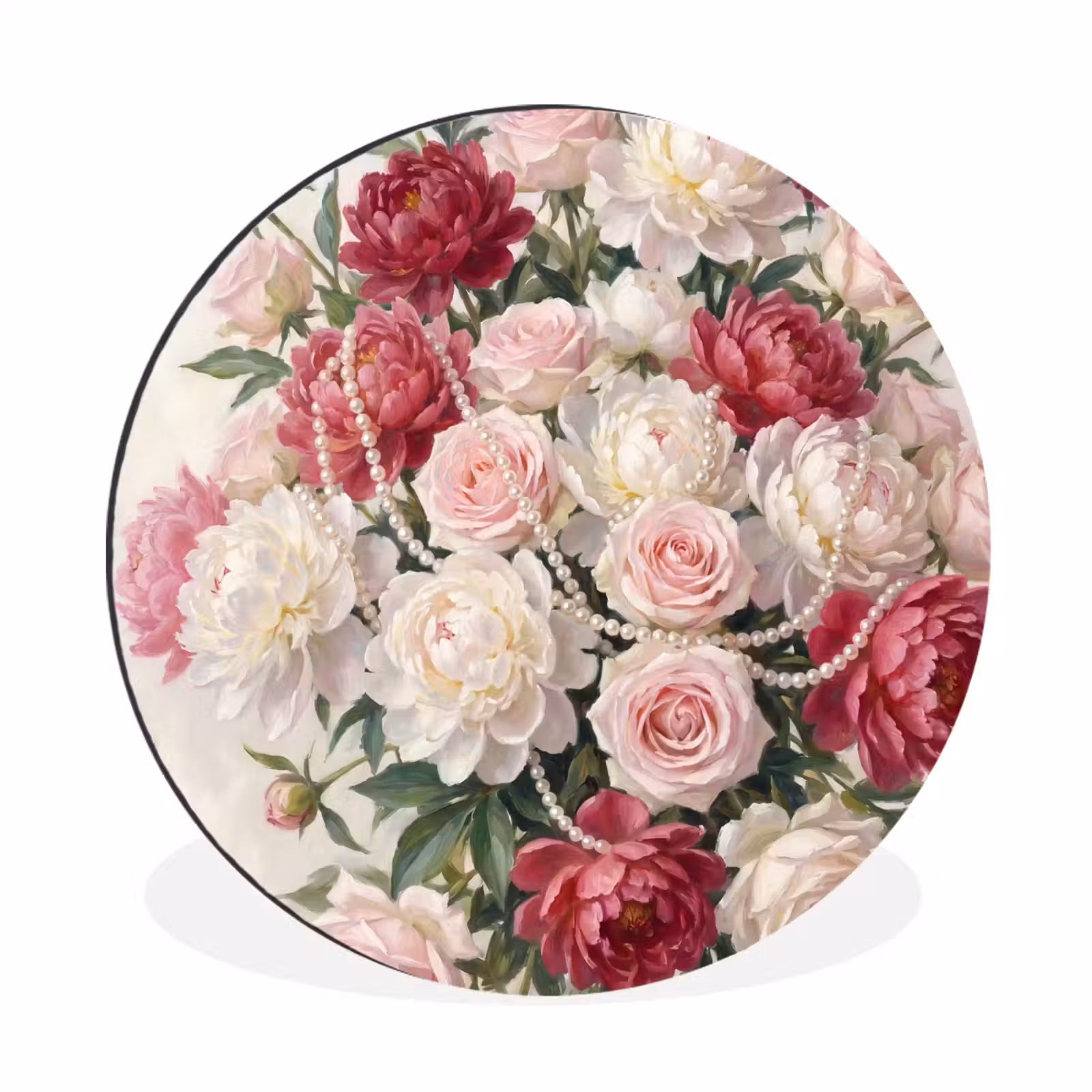 Wandcirkel - Aluminium - Bloemen - Parels - Romantiek - Klassiek - Roze — 1