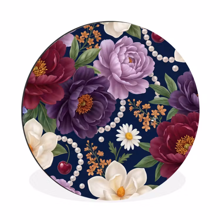 Wandcirkel - Aluminium - Bloemen - Parels - Decoratie - Modern - Blauw — 1
