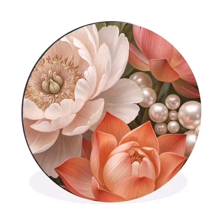 Wandcirkel - Aluminium - Bloemen - Parels - Elegant - Roze - Wit — 1