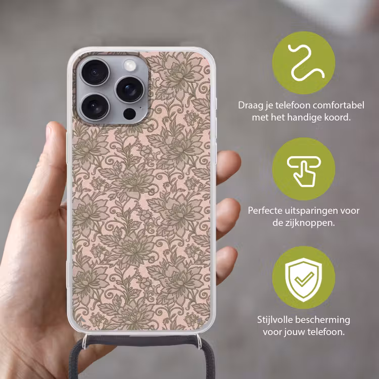 Telefoonhoesje met koord - Bloemen - Kant - Patroon - Klassiek - Groen — 4