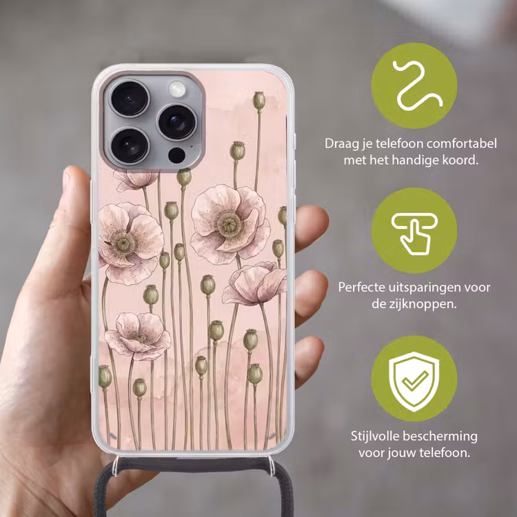 Telefoonhoesje met koord - Bloemen - Zomer - Natuur - Aquarel - Roze — 4