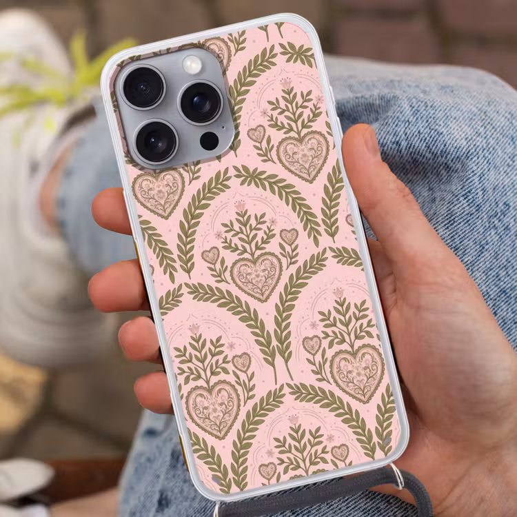 Telefoonhoesje met koord - Patroon - Hart - Bloemen - Folkloristisch - Roze — 2