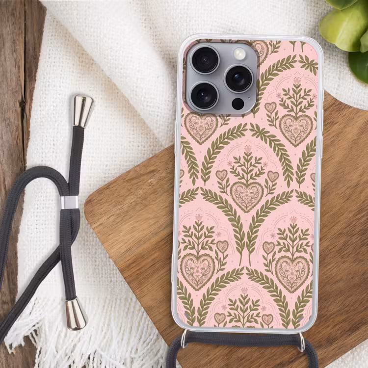 Telefoonhoesje met koord - Patroon - Hart - Bloemen - Folkloristisch - Roze — 3