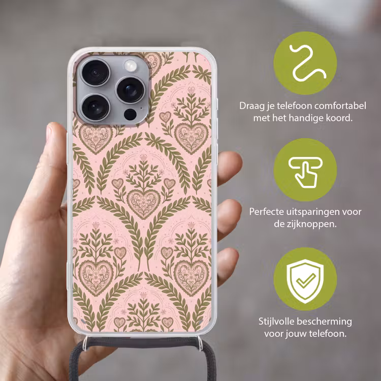 Telefoonhoesje met koord - Patroon - Hart - Bloemen - Folkloristisch - Roze — 4