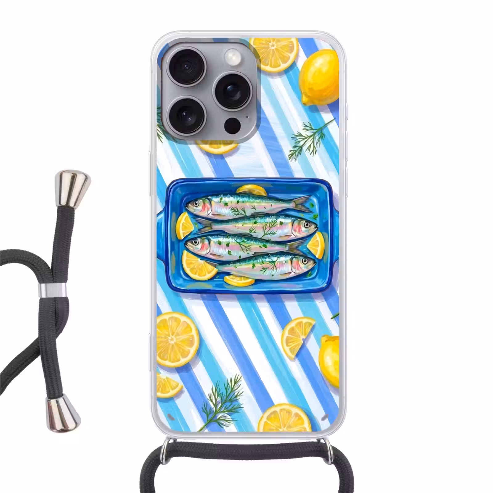 Telefoonhoesje met koord - Vis - Citroen - Kruiden - Eten - Blauw — 1