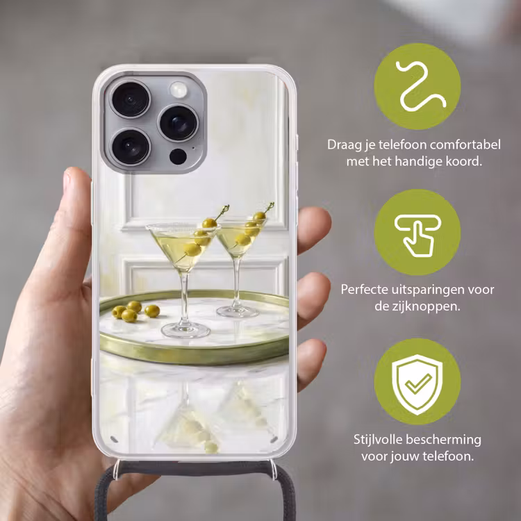 Telefoonhoesje met koord - Drank - Martini - Olijven - Modern - Wit — 4