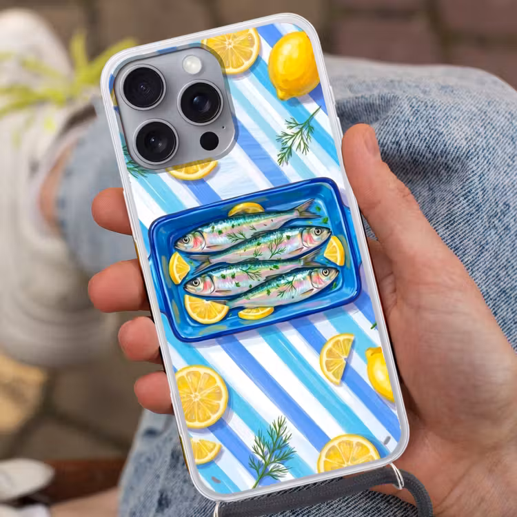 Telefoonhoesje met koord - Vis - Citroen - Kruiden - Eten - Blauw — 2