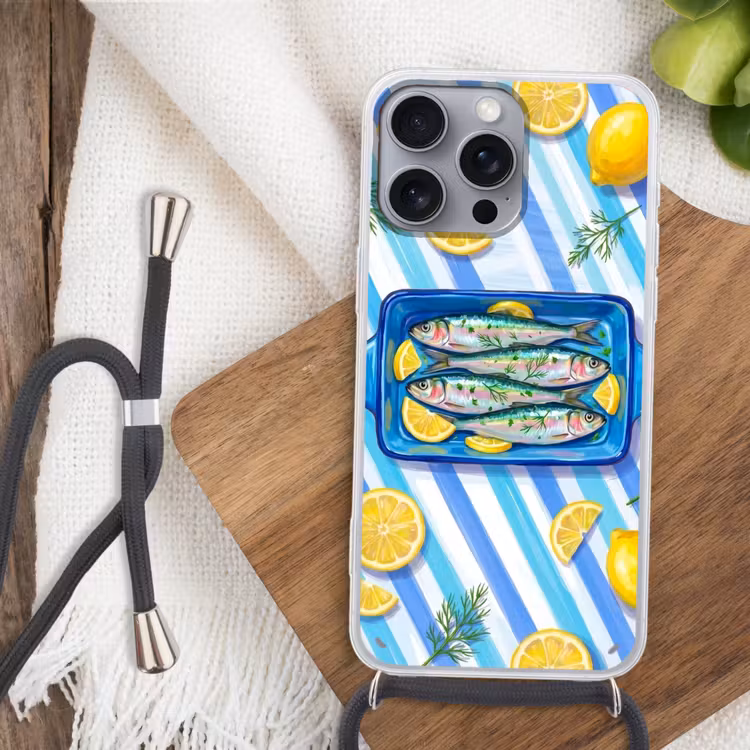 Telefoonhoesje met koord - Vis - Citroen - Kruiden - Eten - Blauw — 3