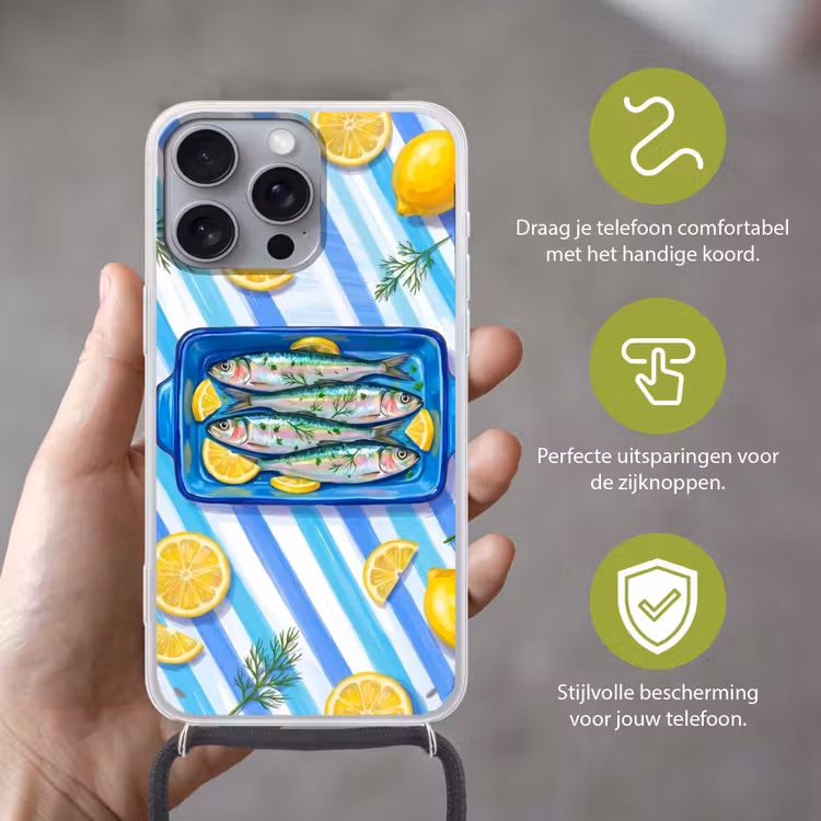 Telefoonhoesje met koord - Vis - Citroen - Kruiden - Eten - Blauw — 4