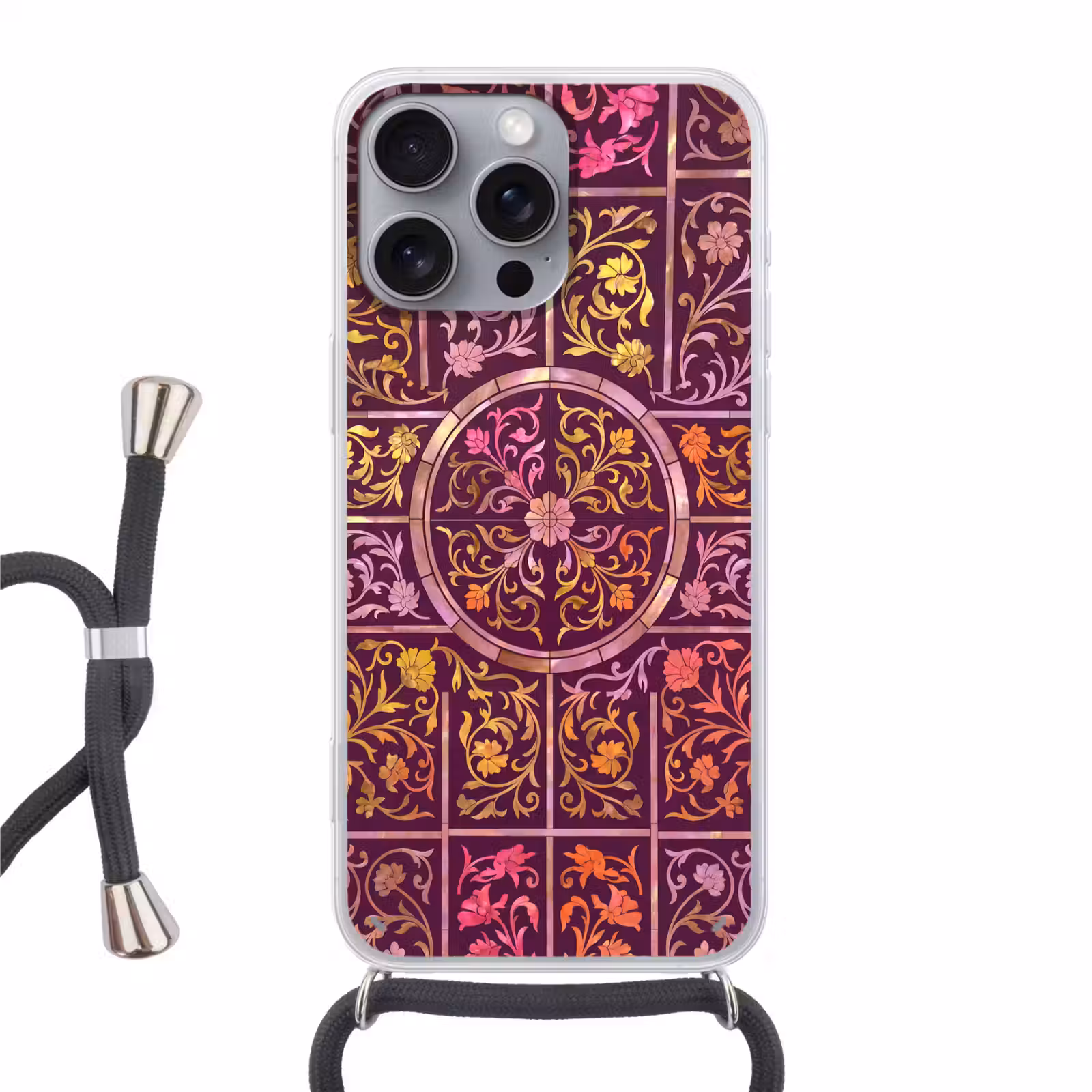 Telefoonhoesje met koord - Patroon - Floraal - Oosters - Paars - Goud — 1