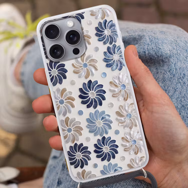 Telefoonhoesje met koord - Bloemen - Parelmoer - Abstract - Patroon - Blauw — 2