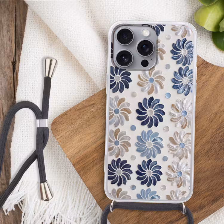 Telefoonhoesje met koord - Bloemen - Parelmoer - Abstract - Patroon - Blauw — 3