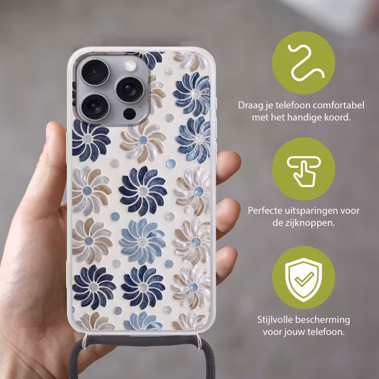 Telefoonhoesje met koord - Bloemen - Parelmoer - Abstract - Patroon - Blauw — 4