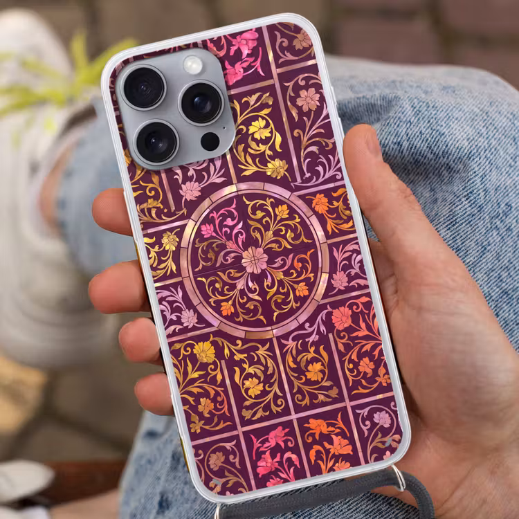 Telefoonhoesje met koord - Patroon - Floraal - Oosters - Paars - Goud — 2