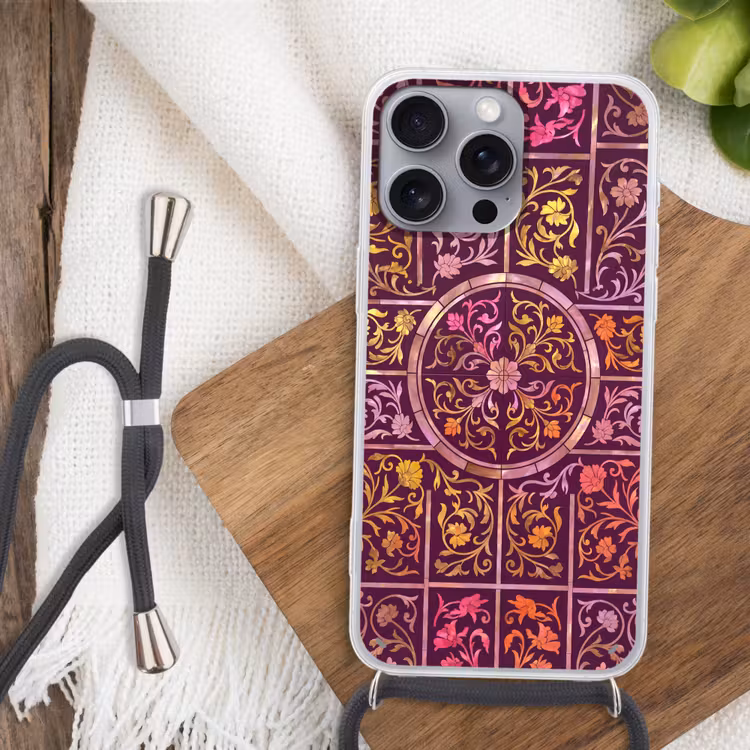 Telefoonhoesje met koord - Patroon - Floraal - Oosters - Paars - Goud — 3