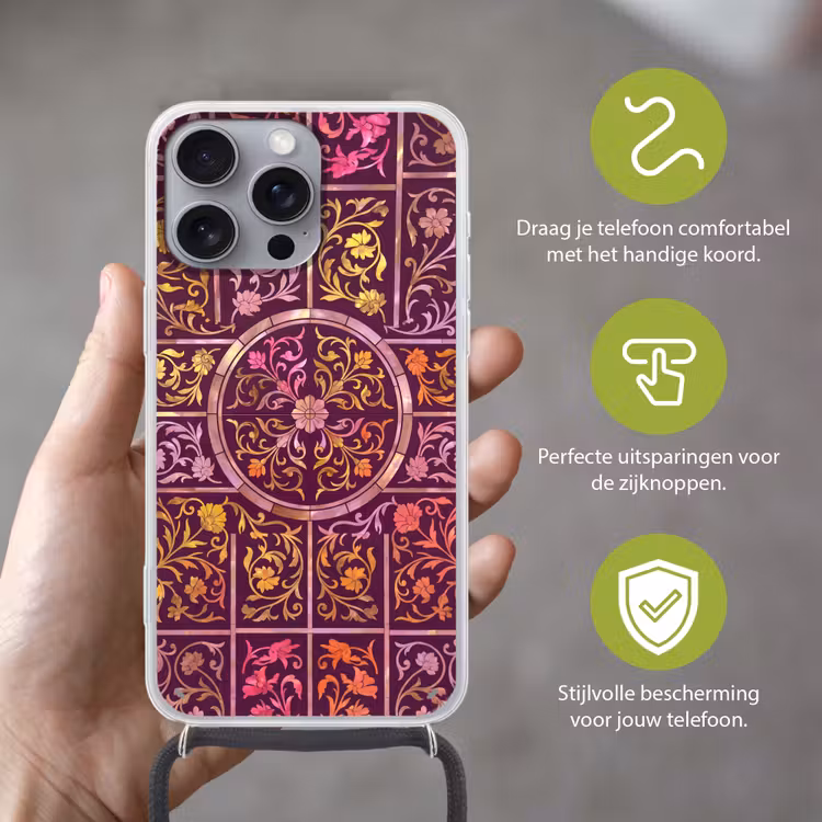 Telefoonhoesje met koord - Patroon - Floraal - Oosters - Paars - Goud — 4