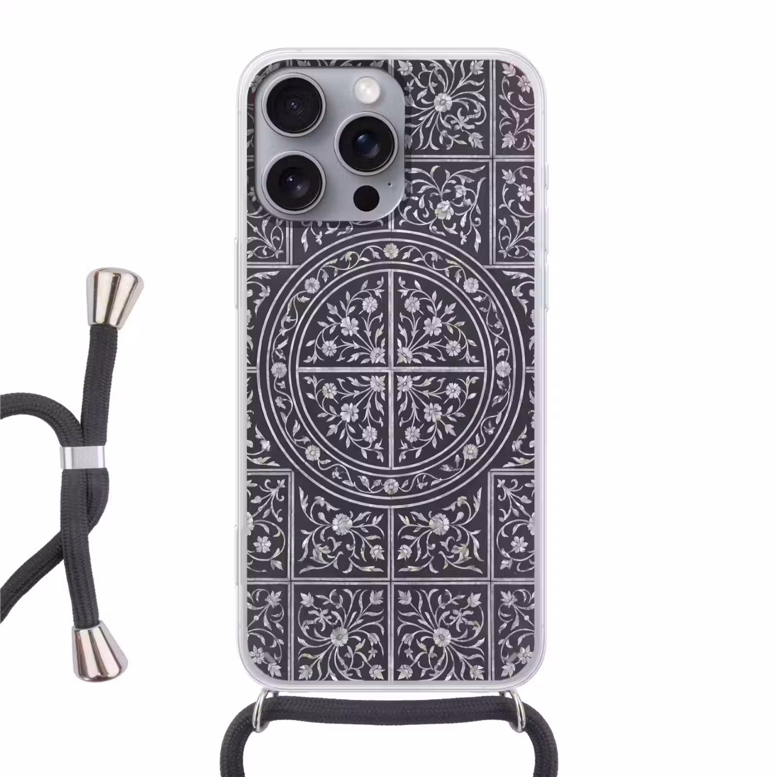 Telefoonhoesje met koord - Patroon - Bloemmotief - Decoratie - Klassiek - Zwart — 1
