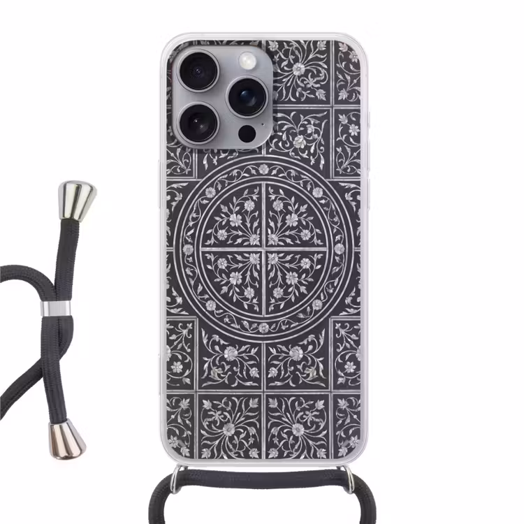 Telefoonhoesje met koord - Patroon - Bloemmotief - Decoratie - Klassiek - Zwart — 1