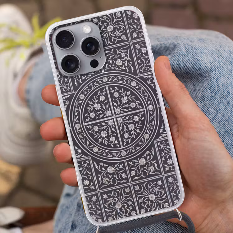 Telefoonhoesje met koord - Patroon - Bloemmotief - Decoratie - Klassiek - Zwart — 2