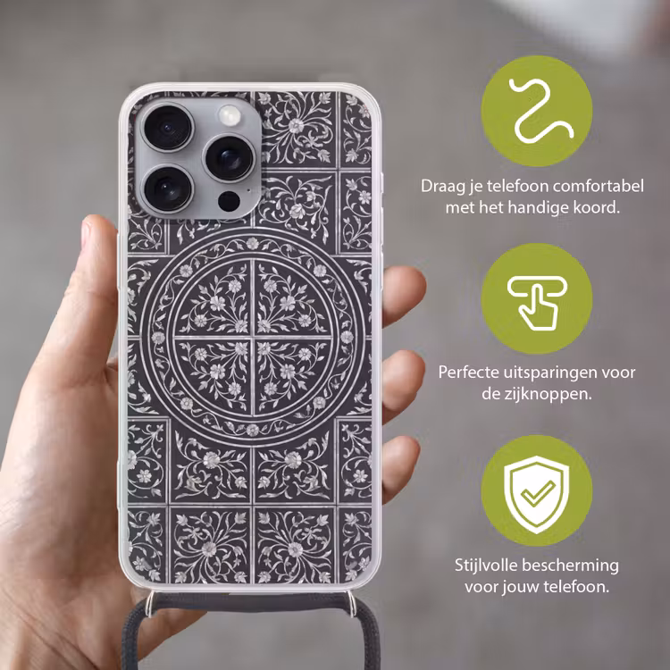 Telefoonhoesje met koord - Patroon - Bloemmotief - Decoratie - Klassiek - Zwart — 4