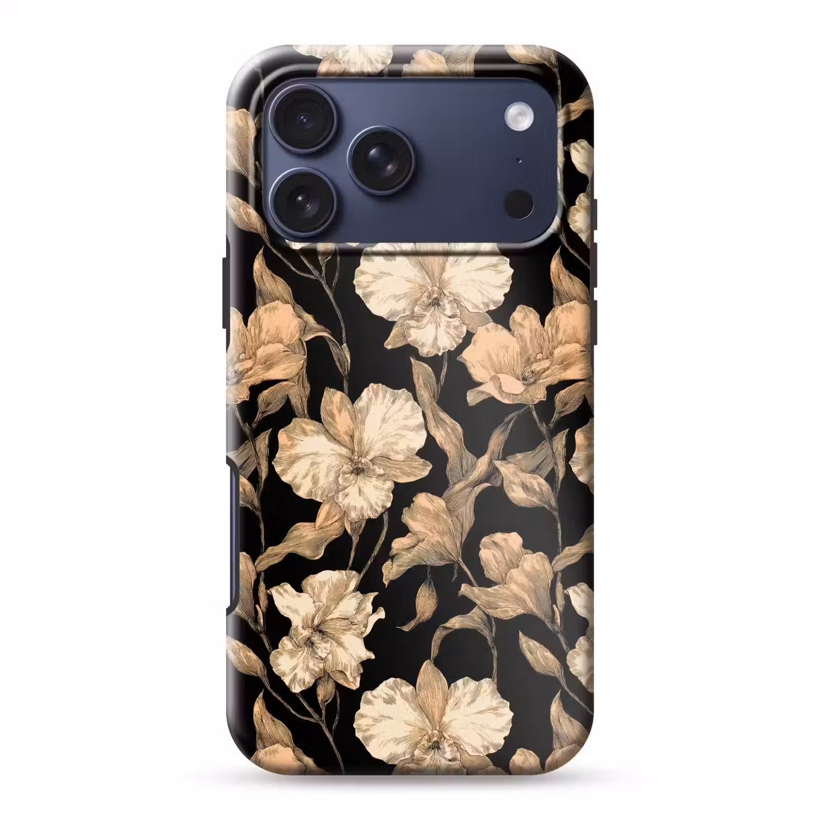 Telefoonhoesje Toughcase - Orchideeën - Lijntekening - Patroon - Beige - Zwart — 1