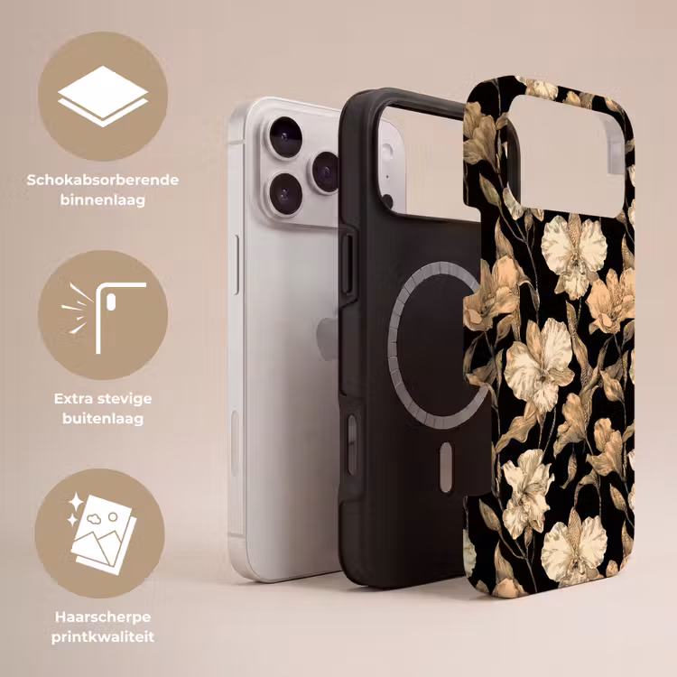 Telefoonhoesje Toughcase - Orchideeën - Lijntekening - Patroon - Beige - Zwart — 3